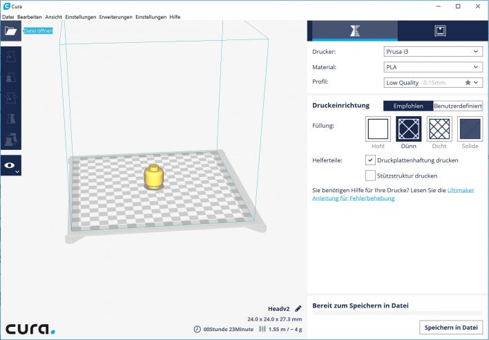 Ladet die aktuelle Cura-Version runter. Die beigelegte Version ist alt und beherrscht wesentlich weniger!