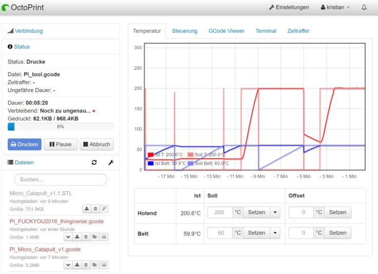 Drucken aus der Ferne: Das Octoprint Webfrontend.