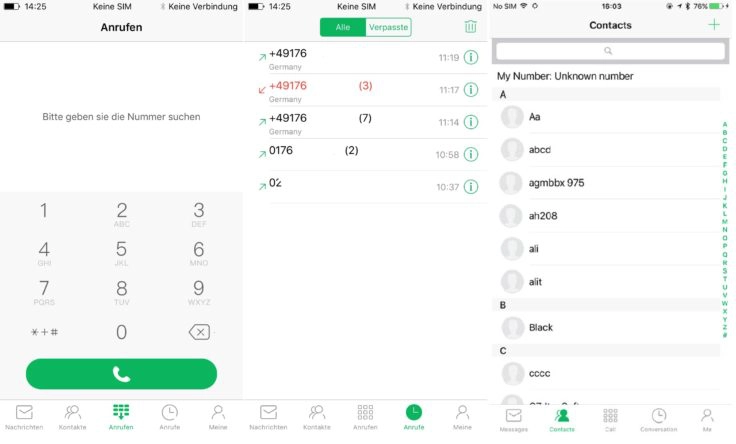 Telefon; Anrufsverlauf; Telefonbuch der Neecoo Me 2 App