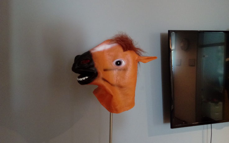 Pferdekopf Maske auf Lampe ohne Blitz fotografiert