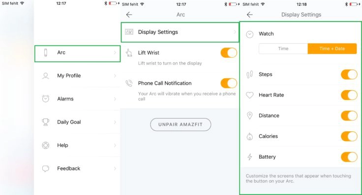 Xiaomi Huami Amazfit Arc A1603 Display Settings