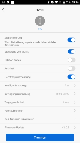 Lenovo HW01 Fitness Tracker App Einstellungen