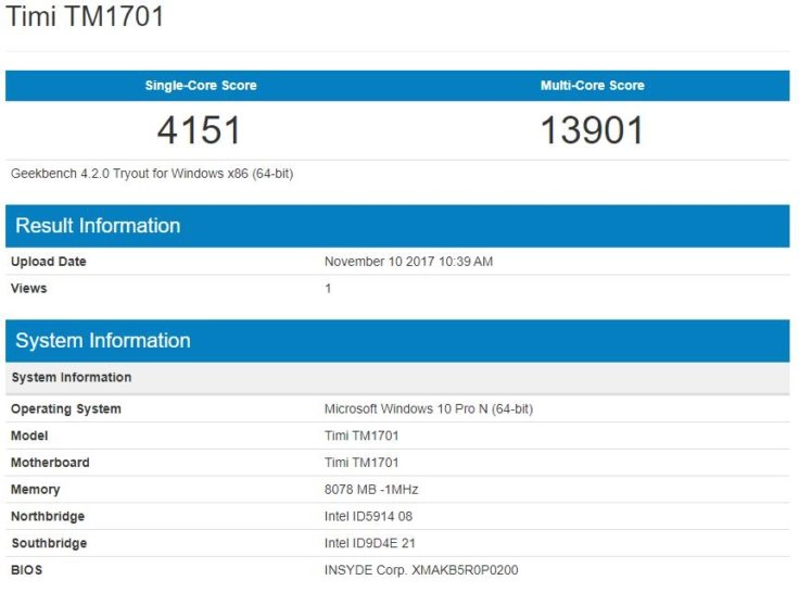 geekbench Prozessor Xiaomi Mi Notebook Pro