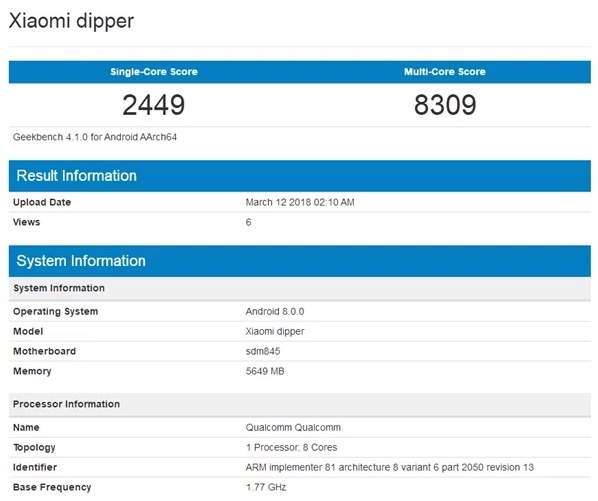 Xiaomi Mi 7 Geekbench Ergebnis