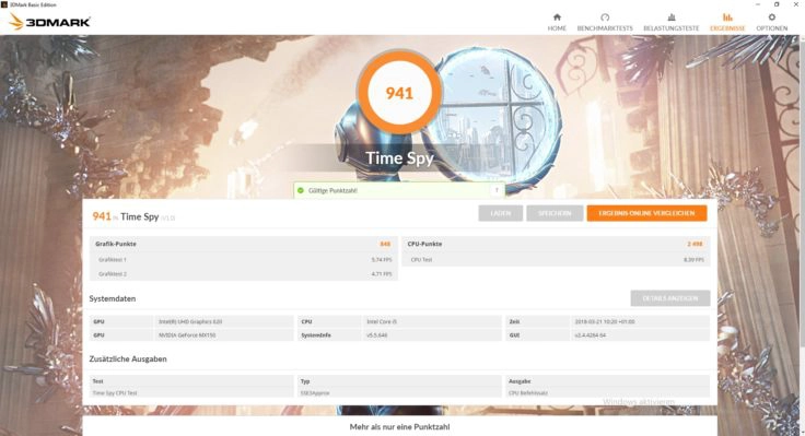 3DMark Benchmark Xiaomi mi Notebook Air 2018