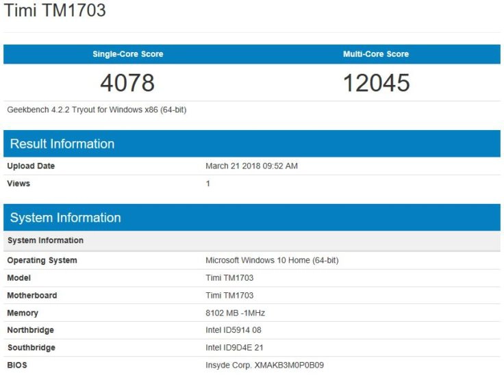 geekbench 4 CPU Test Xiaomi Mi Notebook Air 2018