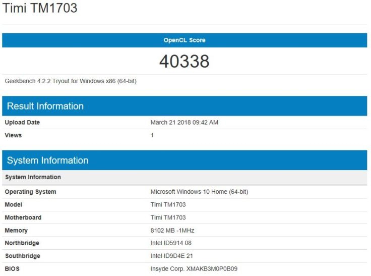 geekbench 4 GeForce MX 150 Benchmark Xiaomi Mi Notebook Air 2018