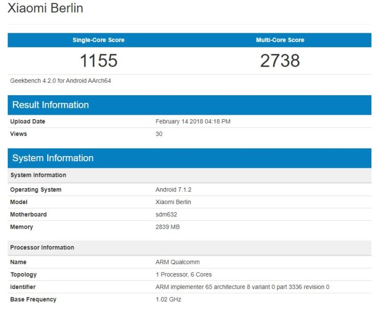 Screenshot von Geekbench zum Xiaomi Berlin Smartphone