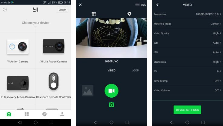 YI Action App YI Discovery drei Screenshots