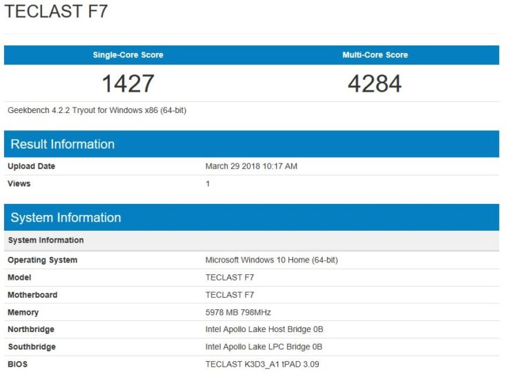 geekbench CPU Benchmark Teclasts F7