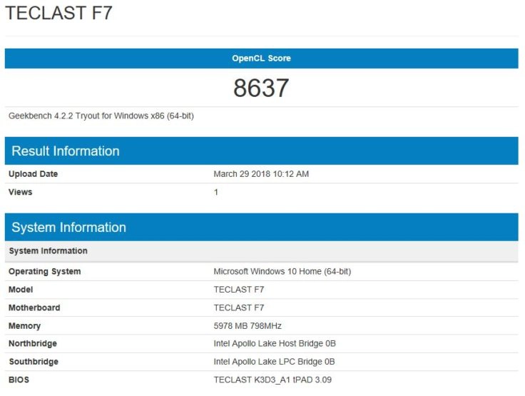 geekbench GPU Benchmark Teclast F7