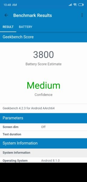 Xiaomi Mi 8 Akku Benchmark Screenshot