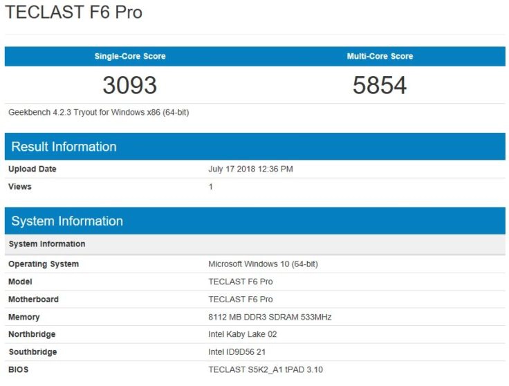 Geekbench 4 CPU Benchmark Teclast F6 Pro