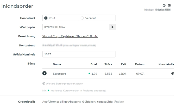 Comdirect Order: Xiaomi Aktien an der Börse Stuttgart (1337 Aktien stimmt nicht ;-))