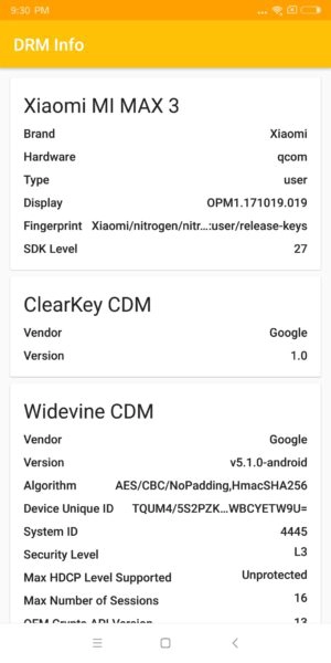 Xiaomi Mi Max 3 DRM Level 3