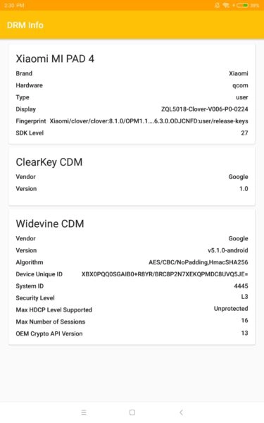 Xiaomi Mi Pad 4 DRM Widevine Level Screenshot