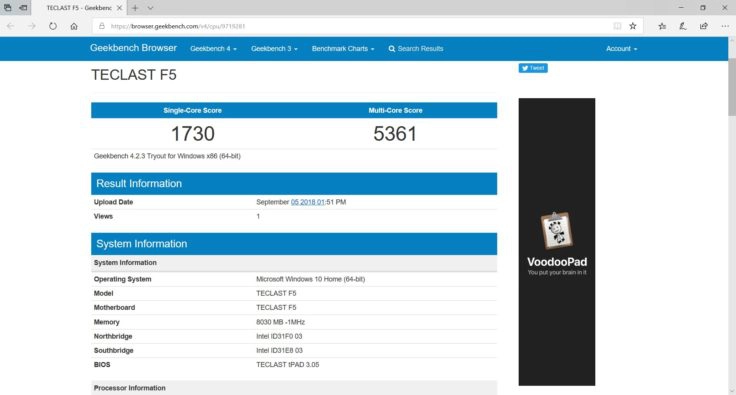 Geekbench CPU Benchmark Teclast F5