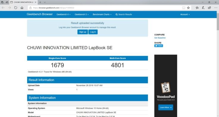 CHUWI LapBook SE Geekbench 4 CPU Test