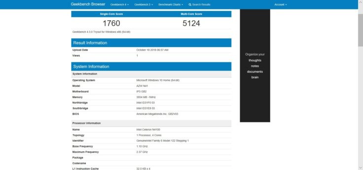 Geekbench 4 CPU Benchmarktest Alfawise T1