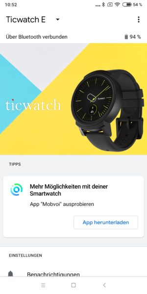 Ticwatch E WearOS App Übersicht
