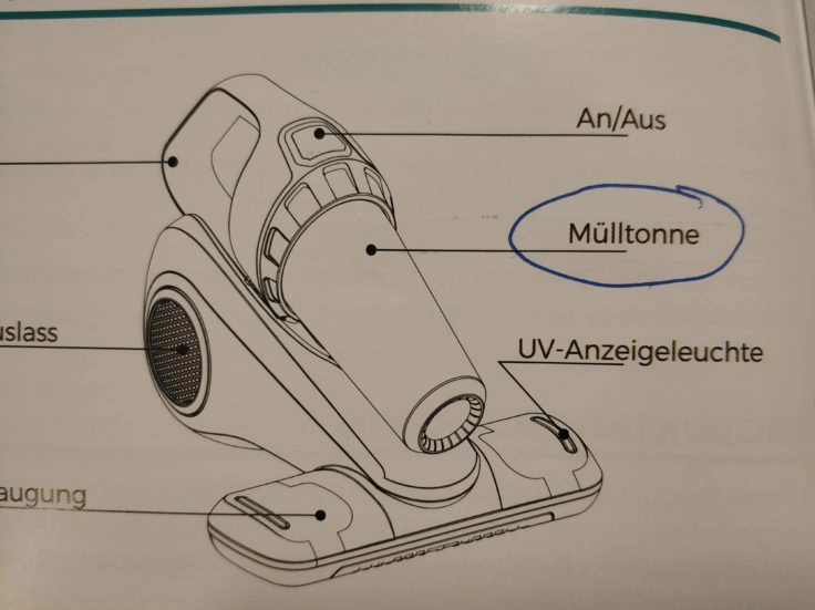 Houzetek UV-1001 Milben-Handsauger Bedienungsanleitung Mülltonne Bezeichnung