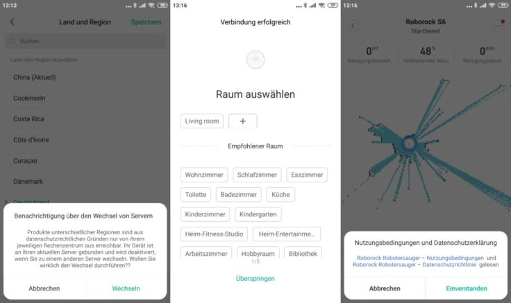 Xiaomi RoboRock S6 Saugroboter Mi Home App Server-Wechsel