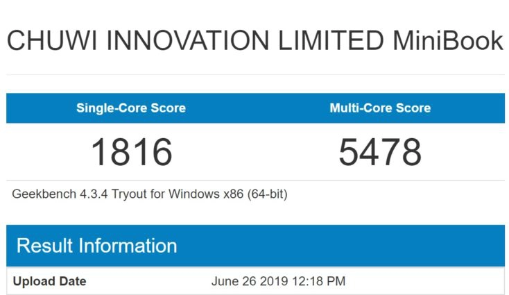 CHUWI Minibook Geekbench 4 Testergebnisse