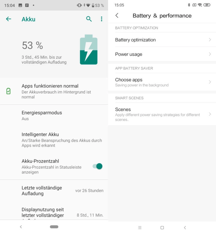 Xiaomi Mi A3 Android One vs MIUI Akkueinstellungen