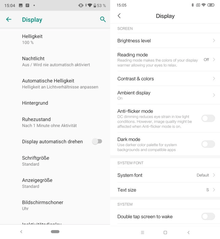 Xiaomi Mi A3 Android One vs MIUI Displayeinstellungen