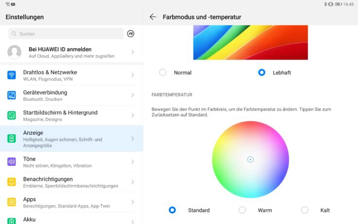 Huawei MediaPad M6 Farben Einstellungen