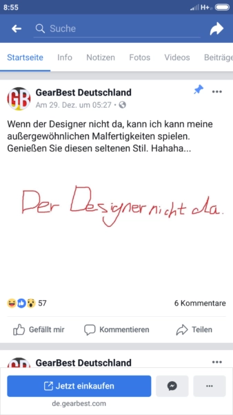 Facebook-Post GearBest Deutschland Designer nicht da