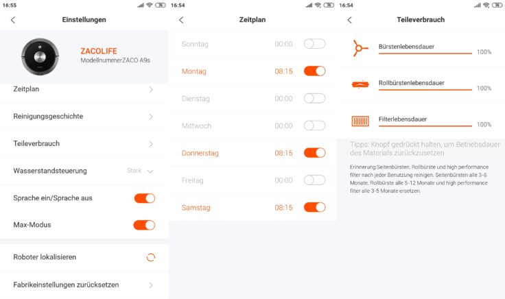 ZACO A9S Saugroboter App Einstellungen Arbeitszeiten