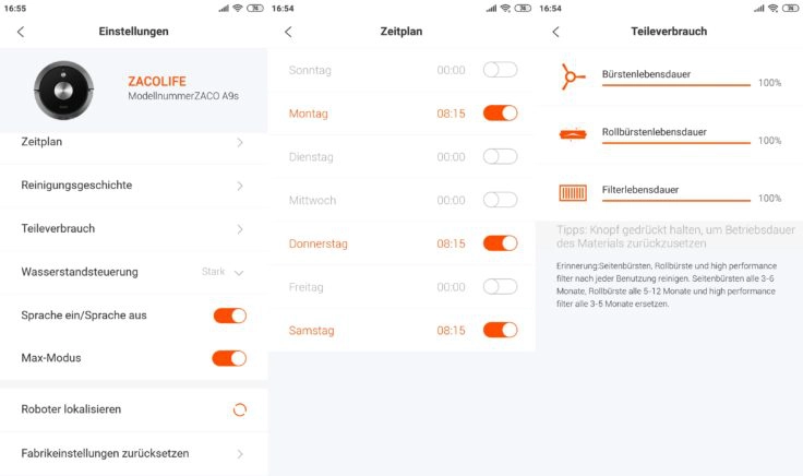 ZACO A9S Saugroboter App Einstellungen Arbeitszeiten