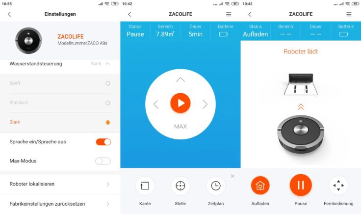 ZACO A9S Saugroboter App Wischfunktion Wassermenge einstellen