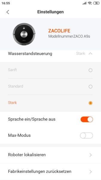 ZACO A9S Saugroboter App Wischfunktion Wassermenge regulieren