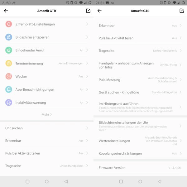 Amazfit GTR App Einstellungen