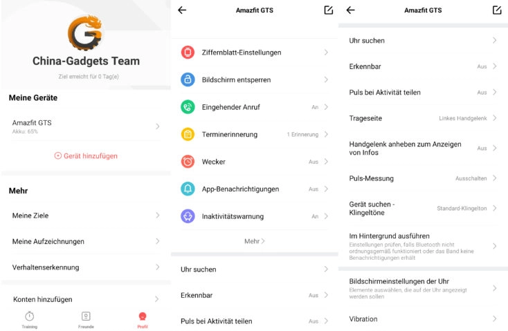Huami Amazfit GTS Amazfit App Funktionsumfang