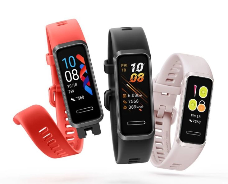 Huawei Band 4 in rot, schwarz und weiß.