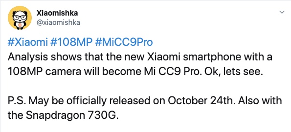 Xiaomi Mi CC9 Pro Tweet