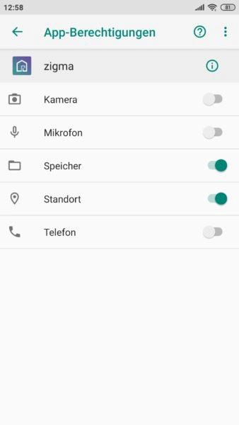 Zigma App Berechtigungen entziehen