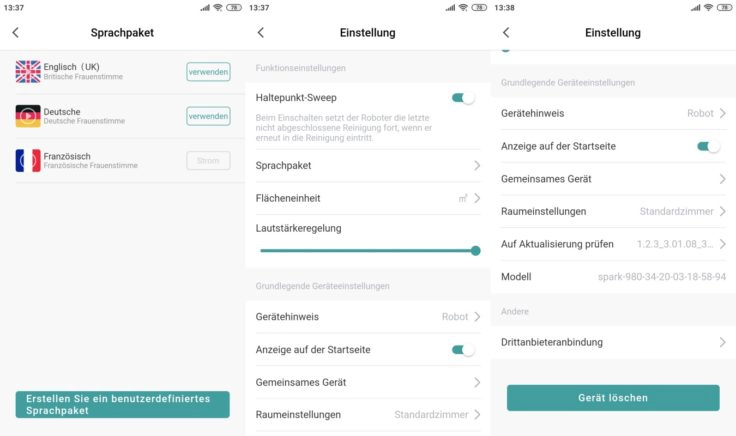 Zigma Spark 980 Saugroboter App Einstellungen