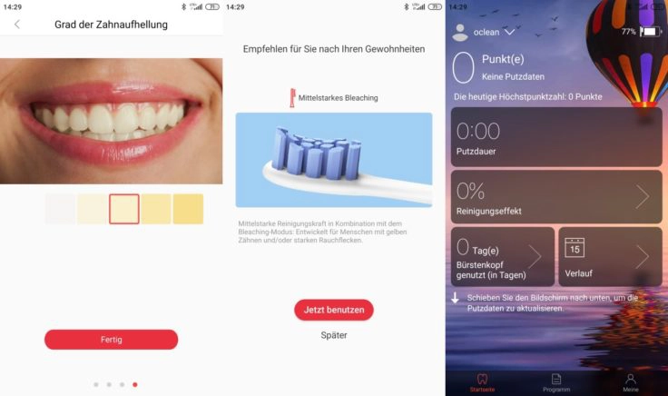 Oclean Z1 elektrische Zahnbuerste App Daten Einstellungen