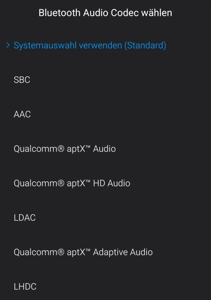 Android-Entwickleroptionen Bluetooth Codec Auswahl