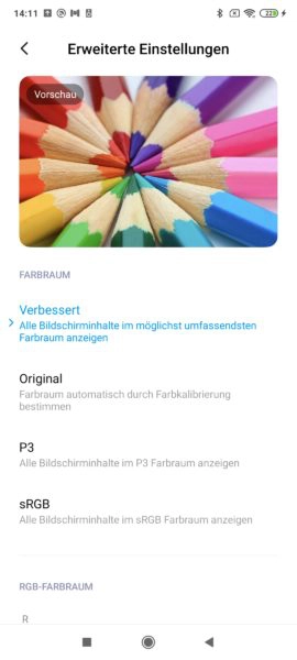 Poco F2 Pro Displayeinstellungen Farbraum