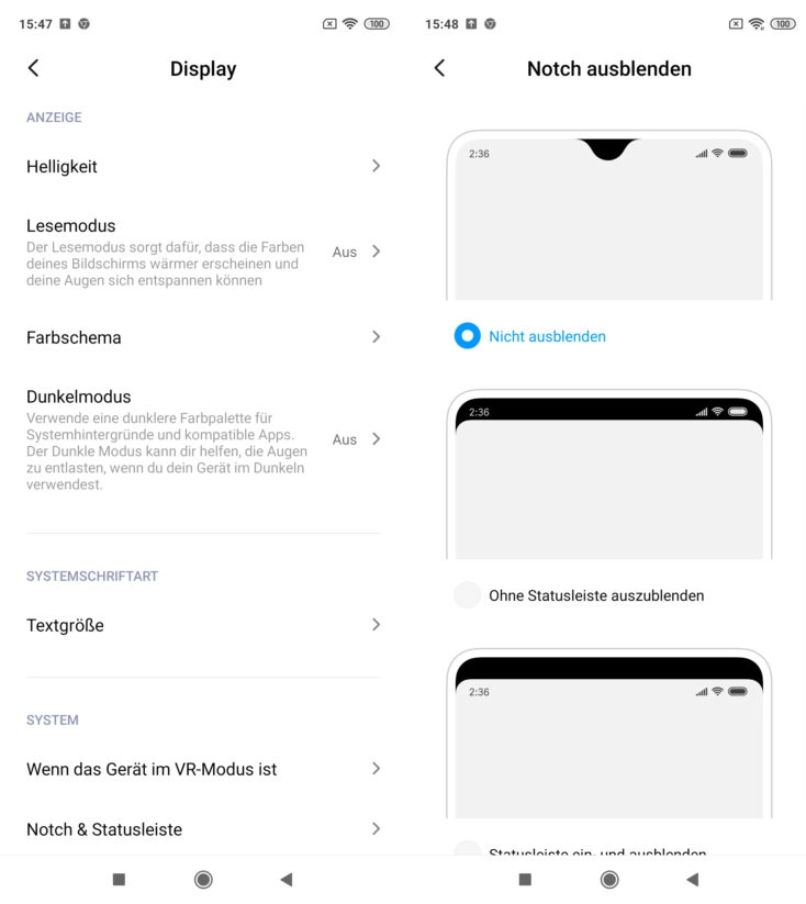 Redmi Note 9S Displayeinstellungen MIUI