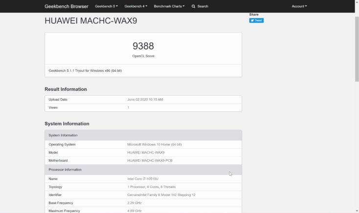 Huawei MateBook X Pro 2020 Notebook Geekbench Compute