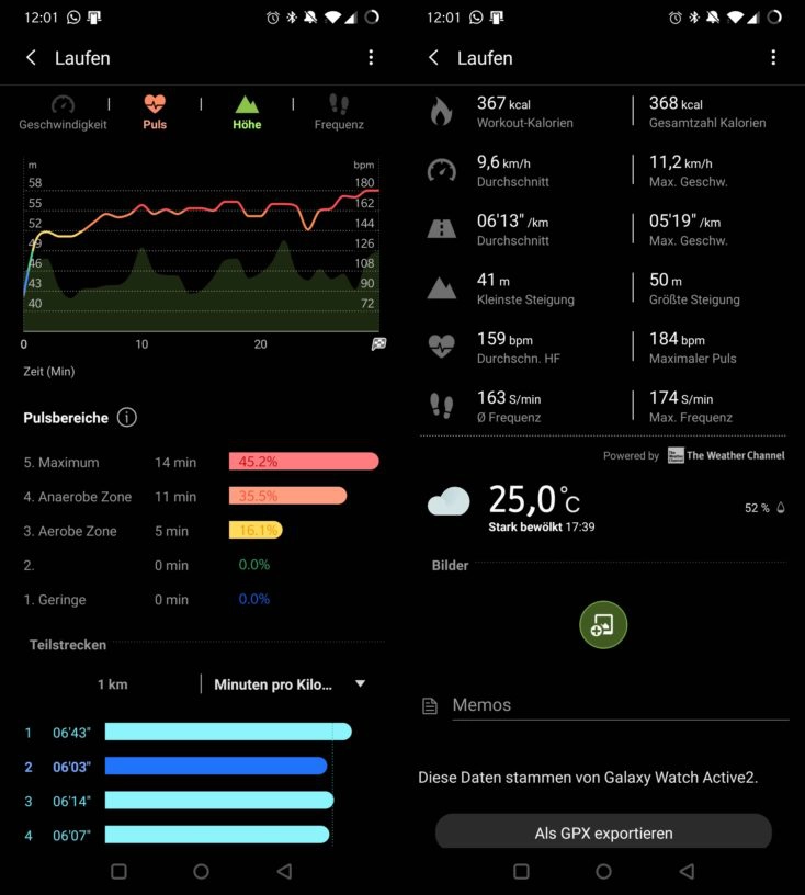 Samsung Galaxy Watch Active 2 Laufdaten GPX