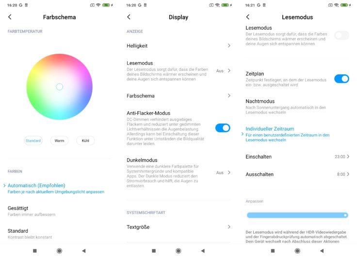 Xiaomi Mi Note 10 Lite Display Farben Anti Flacker Lesemodus
