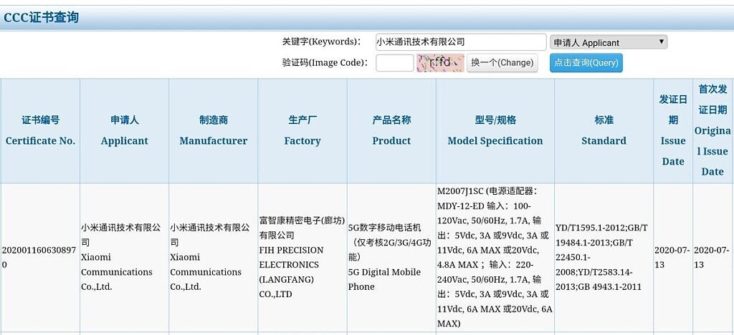 Xiaomi 120W Smartphone Zertifizierung