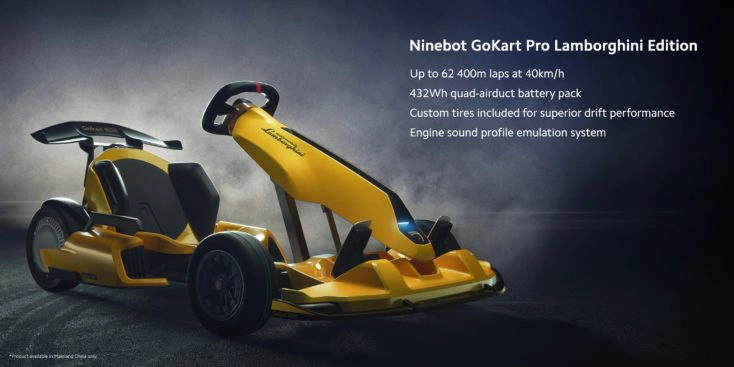 Xiaomi Ninebot Lamborghini Kart in gelb mit technischen Daten beistehend